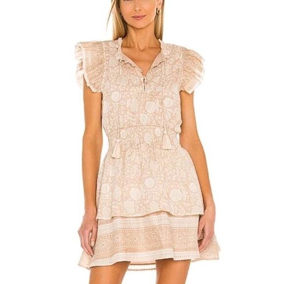 Cleobella Rachelle Mini Dress Floral Ruffle Women L Organic Cotton Tan White